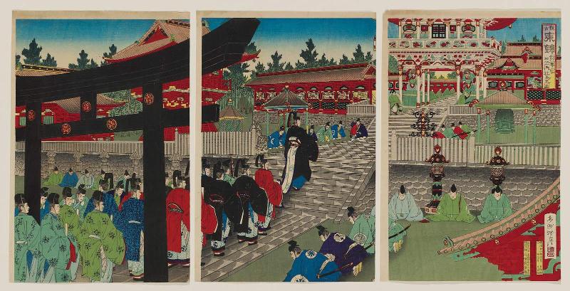The Household of the Shogun Visiting the Shrine at Nikko (Shôgun ke Nikkô goshasan no zu), from the series A Look at the Old Days in Color Prints (Kanko Azuma nishiki)