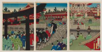 The Household of the Shogun Visiting the Shrine at Nikko (Shôgun ke Nikkô goshasan no zu), from the series A Look at the Old Days in Color Prints (Kanko Azuma nishiki)
