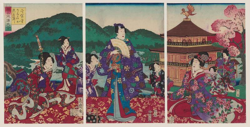 Famous Places in Kyoto Matched with Genji: Cherry Blossoms at Kinkaku-ji Temple, Kyoto (Miyako meisho Genji awase: Kinkaku-ji sakura no yûran)