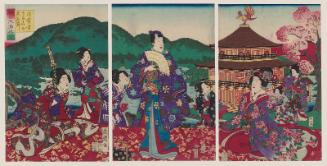 Famous Places in Kyoto Matched with Genji: Cherry Blossoms at Kinkaku-ji Temple, Kyoto (Miyako meisho Genji awase: Kinkaku-ji sakura no yûran)