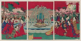 The Art Museum and the Shôjô Fountain in the Exhibition Grounds of Ueno Park (Ueno kôen hakurankaijo bijiutsukan shôjô funsuiki no zu): Empress and Ladies-in-waiting with Emperor and Attendants in Background