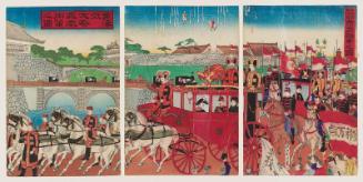 Imperial Procession throught the Streets after the Ceremony of the Promulgation of the Constitution (Kenpô happushiki ato shigai miyuki no zu) (on right sheet); The Phoenix Carriage at the Great Celebration of the Constitution Ceremony (Kenpôshiki daisai hôô gosha no zu) (on left sheet)