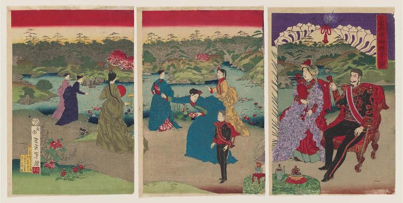 Illustration of the Emperor and Empress Strolling in a Park (Kôen miyuki goyûho no zu)