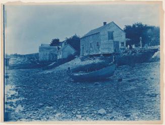 Barns Along Beach, Boat in Foreground