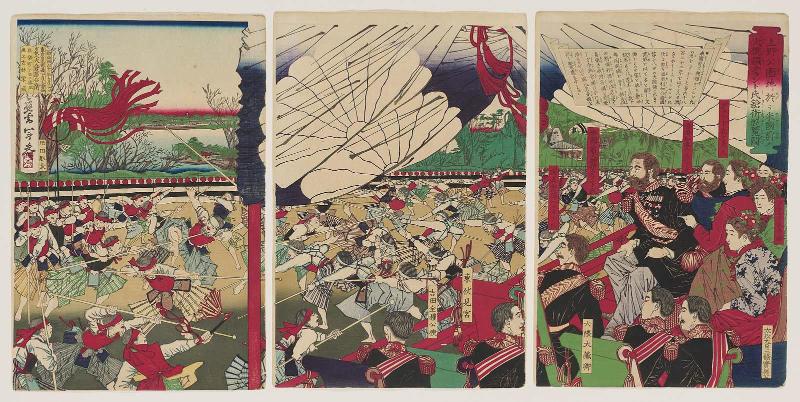 Former President of the United States, Mr. Grant, Watching a Lance Training Exhibition at Ueno Park (Ueno kôenchi ni oite Beikoku saki no daitôryô Guranto-shi sôjutsu yûran no zu)