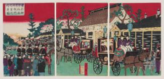 Famous Places in Tokyo: Illustration of the Emperor and Empress Leaving the Temporary Imperial Palace at Akasaka (Tôkyô meisho no uchi: Akasaka kari kôkyo goshutsumon no zu)