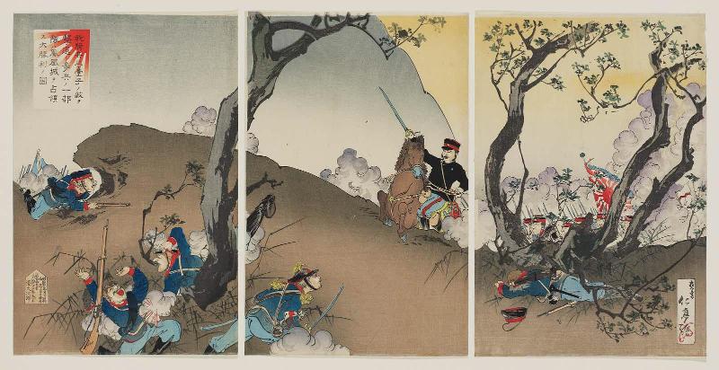 A Great Victory: Our Cavalry Driving Back Enemies at Sandaishi and Infantry Occupying Fenghuangcheng (Waga kihei Sandaishi no teki o gekitai shi Hôôjô o senryô su dai shôri no zu)