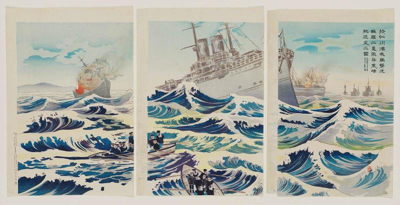At Incheon Harbor Our Battleships Sink Two Enemy Ships and Defeated Soldiers Flee in Boats, at 11 AM on February 9, 1904 (Jinsenkô ni oite wagakan tekikan nisô o gekichin haihei tantei ni notte tôsô no zu, kono toki Meiji sanjûshichinen nigatsu kokonoka gozen jûichiji)