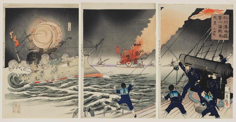 Scene of the Great Victory at the First Japanese-Russian Naval Battle at the Harbor of Inchon (Jinsen Nichiro daiichi kaisen no kôkei daishôri)