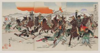 Russo-Japanese War Report: Our Cavalry Scouts Clashed with 600 Enemy Cavalry outside the South Gate at Chongju; After a Desperate Fight Our Forces Occupied Chongju Putting the Enemy to Flight (Nichiro senpô, Waga sekkô kihei Teishû Nanmon-gai ni oite tekiki roppyaku shôtotsu funtô no tsui ni kore o hashi shi [?] Teishû o senryo su)