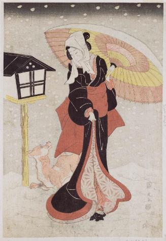 Woman with Umbrella and Dog in Snow