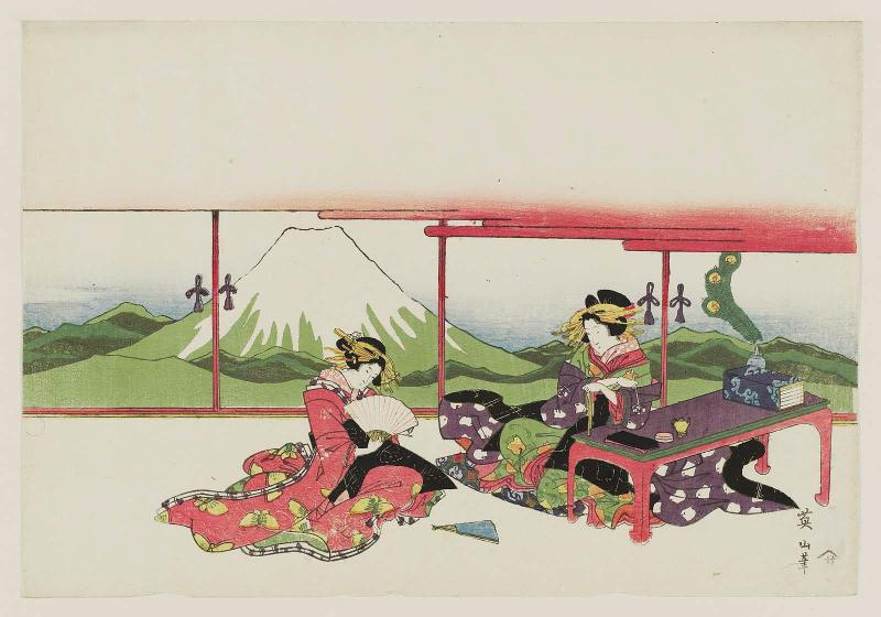 Courtesans in a Room with Door-Panel Painting of Mount Fuji