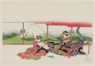 Courtesans in a Room with Door-Panel Painting of Mount Fuji