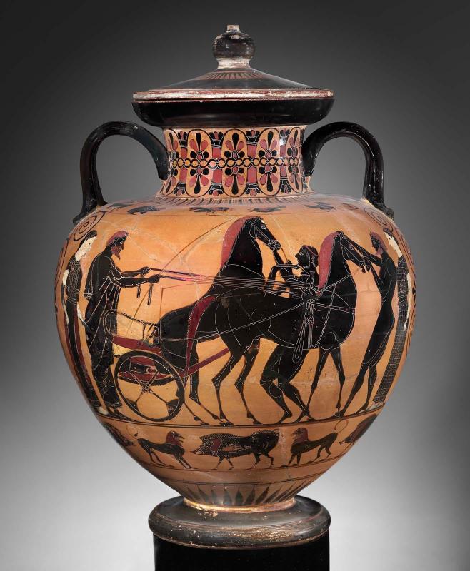 Two-handled jar (amphora) depicting the harnessing of a chariot