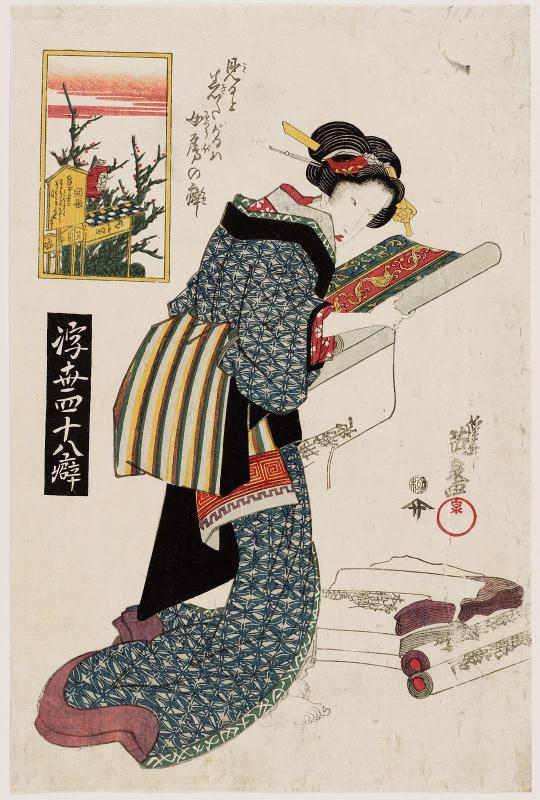 The Wife's Habit of Wanting to Wear Something as Soon as She Looks at It (Miru to kitagaru wa nyôbo no kuse), from the series Forty-eight Mannerisms in the Floating World (Ukiyo yonjûhachi kuse)