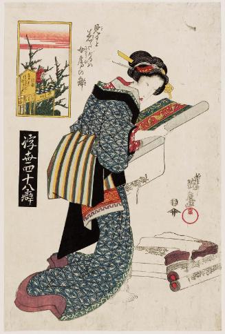 The Wife's Habit of Wanting to Wear Something as Soon as She Looks at It (Miru to kitagaru wa nyôbo no kuse), from the series Forty-eight Mannerisms in the Floating World (Ukiyo yonjûhachi kuse)
