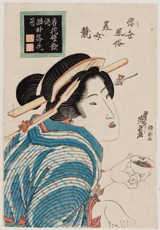 Geisha Drinking Sake, from the series Customs of the Floating World: A Contest of Beautiful Women (Ukiyo fûzoku bijo kurabe)
