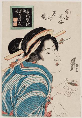 Geisha Drinking Sake, from the series Customs of the Floating World: A Contest of Beautiful Women (Ukiyo fûzoku bijo kurabe)