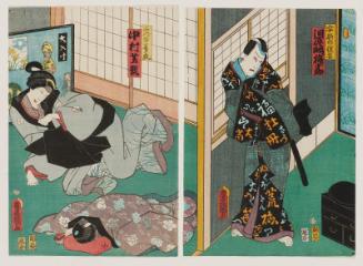 Actors Kawarazaki Gonjûrô I as Abe no Yasuna (R) and Nakamura Shikan IV as the Fox Kuzunoha (Kuzunoha Kitsune) (L)