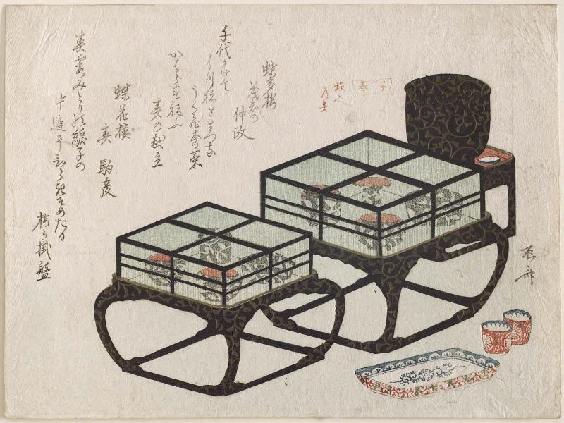Lacquer Dishes on Covered Tables, from the series New Year of the Rat: Bridal Furnishings (Ne no haru, yomeiri dôgu)