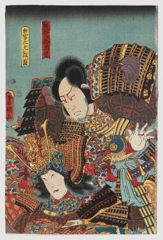 Actor Arashi Rikaku III (?) as Kumagai Jirô Naozane and an unidentified actor as Mukan Dayû Atsumori