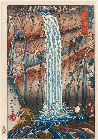 Backward-viewing Falls, One of the Three Waterfalls (Urami-ga-taki, santaki no sono ikkei), from the series Famous Scenic Spots in the Mountains of Nikkô (Nikkôsan meisho no uchi)
