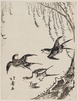 Swallows Flying Past Willow Tree