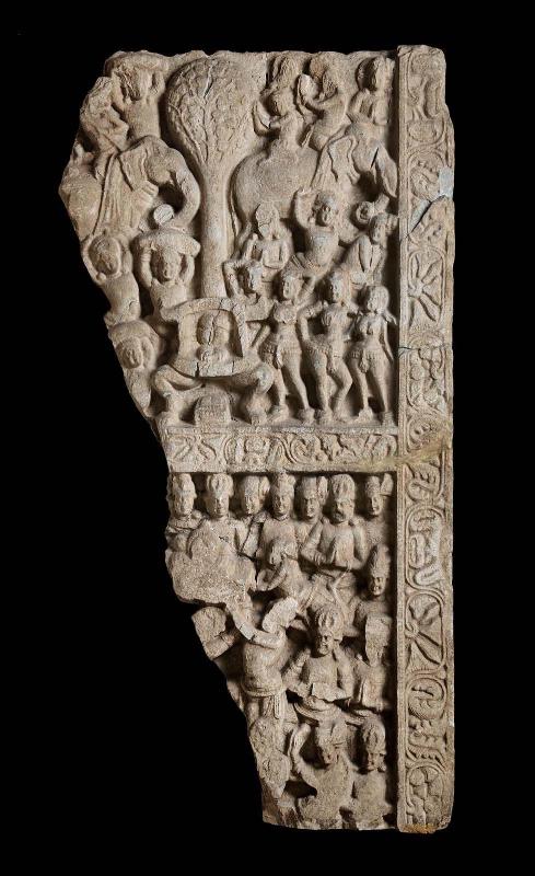 Fragment of a drum or dome slab: Temptation of the Buddha and Worship of the Headdress