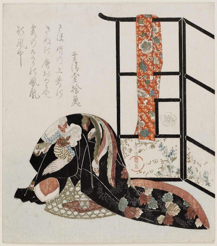 Kimono Draped over Incense Burner and Obi on Clothing Rack