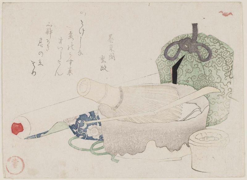 Tea Utensils and Rolled Scroll Painting