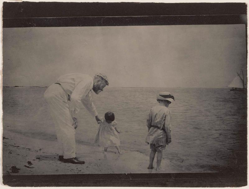 Man, Two Children at Beach, Long Island