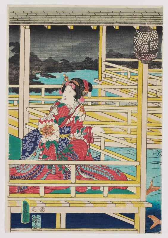 Night Scene on a Balcony Overlooking a Pond with Carp