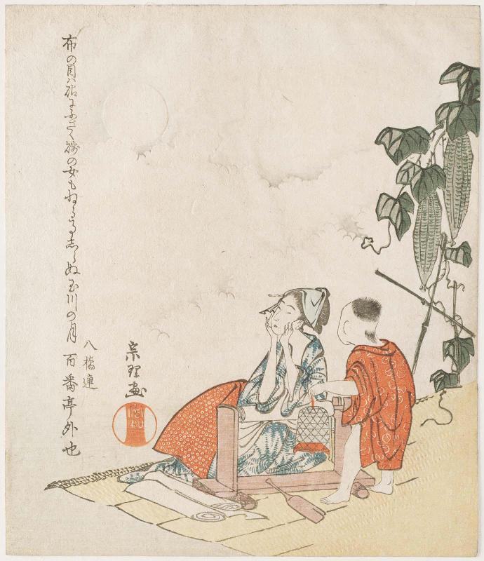 Mother and Child by Gourd Trellis in Moonlight