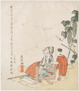 Mother and Child by Gourd Trellis in Moonlight