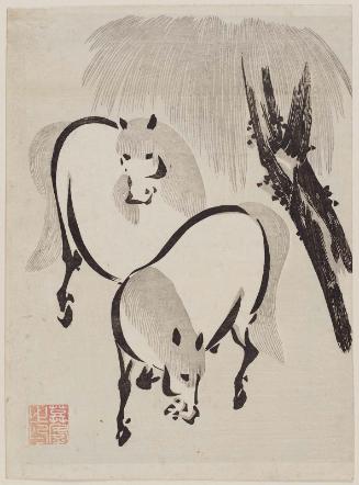 Two Horses under Willow Tree