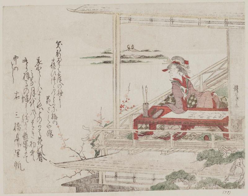 Woman at Writing Desk on Balcony; Parody of Murasaki at Ishiyamadera; Calendar for 1807