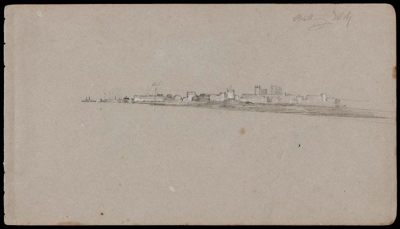 (Recto): Battery, NY; (Verso): Sketches of town, fence and building