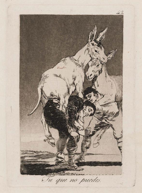 Tu que no puedes. (You who cannot); Plate 42 from the series "Los Caprichos"