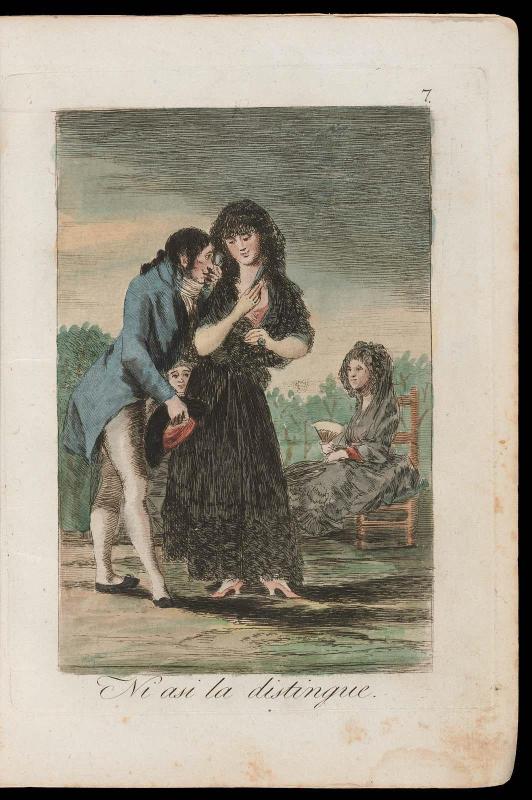 Ni asi la disintingue. (He cannot make her out even this way); Plate 7 bound into "Los Caprichos"