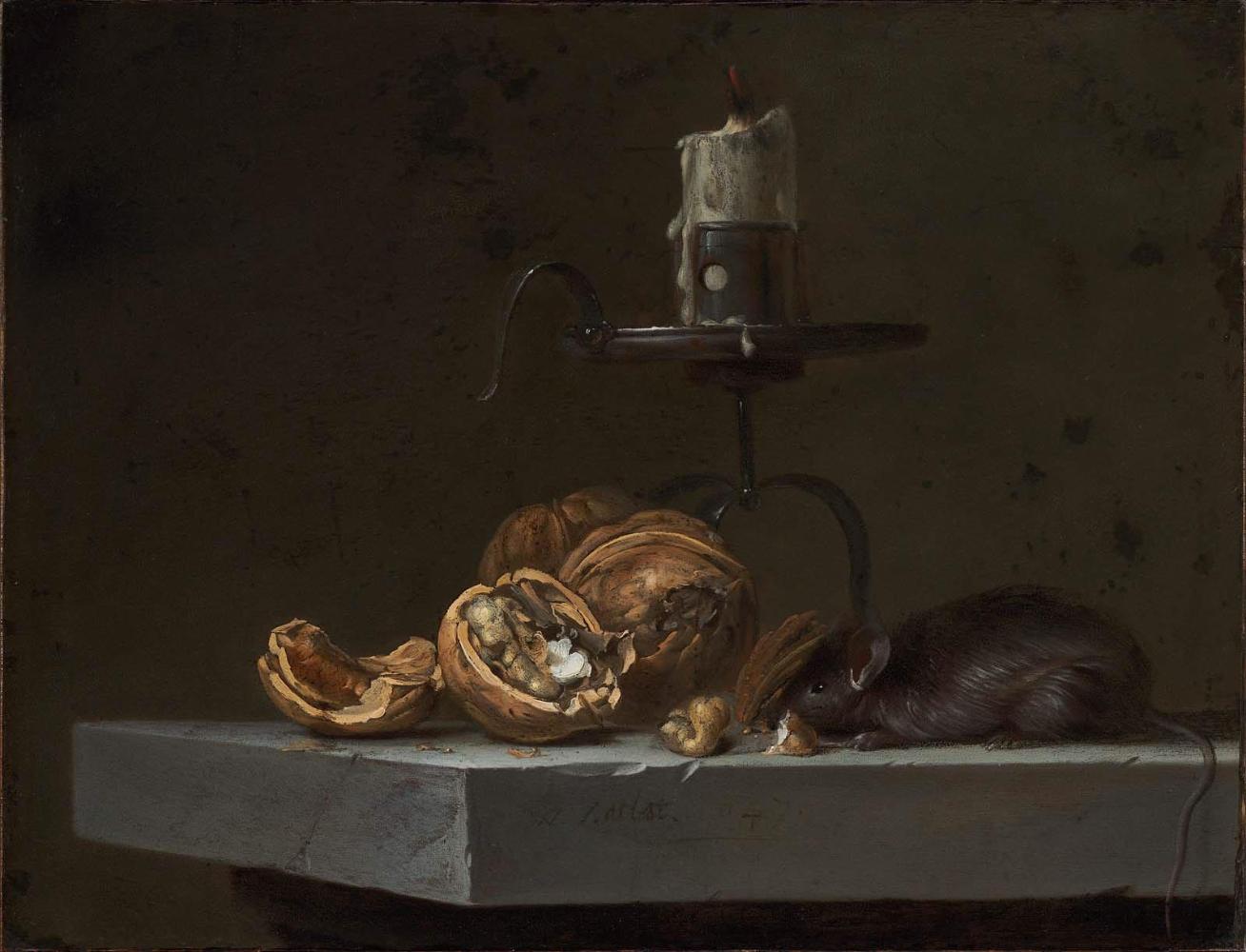 Still-life with a Mouse, Walnuts and a Candle on a Stone Ledge