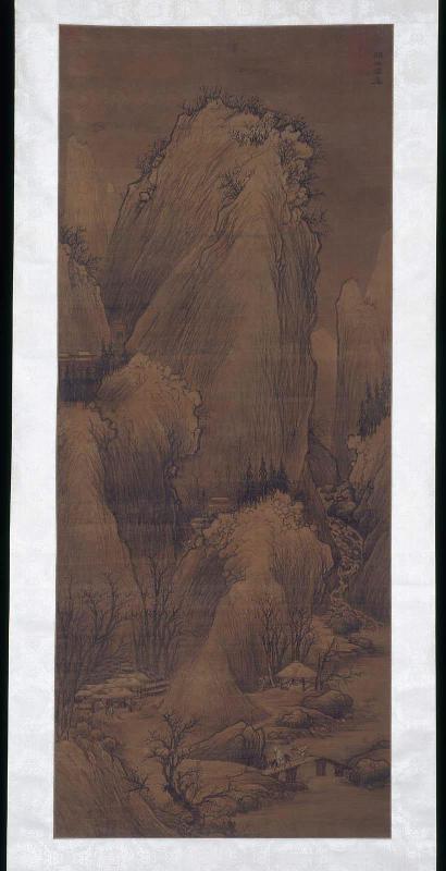 Pavillions and cottages near a rushing stream along a snow-covered mountain pass after a