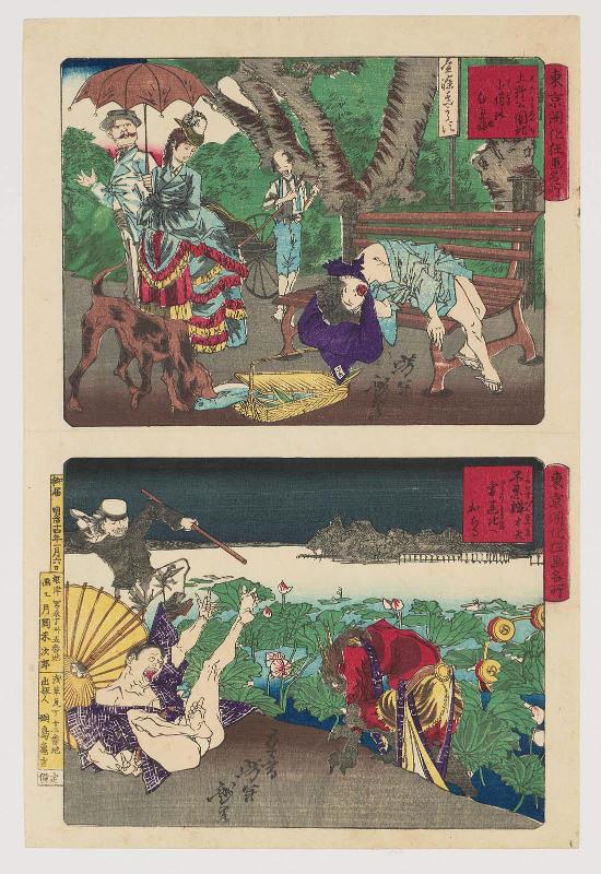 A Shop Boy Takes a Nap in Ueno Park ( (Ueno kôenchi kozô no hirune, above); At Shinobazu Benten Shrine, the Thunder God Falls into the Lotus Pond (Shinobazeu Benten Kaminari hasuike e ochiru, below); from the series Famous Places and Humorous Images of Modern Life in Tokyo (Tôkyô kaika kyôga meisho)