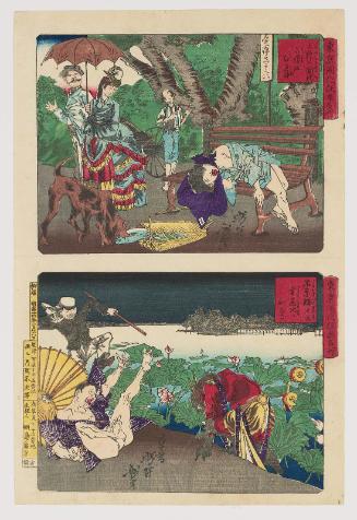A Shop Boy Takes a Nap in Ueno Park ( (Ueno kôenchi kozô no hirune, above); At Shinobazu Benten Shrine, the Thunder God Falls into the Lotus Pond (Shinobazeu Benten Kaminari hasuike e ochiru, below); from the series Famous Places and Humorous Images of Modern Life in Tokyo (Tôkyô kaika kyôga meisho)