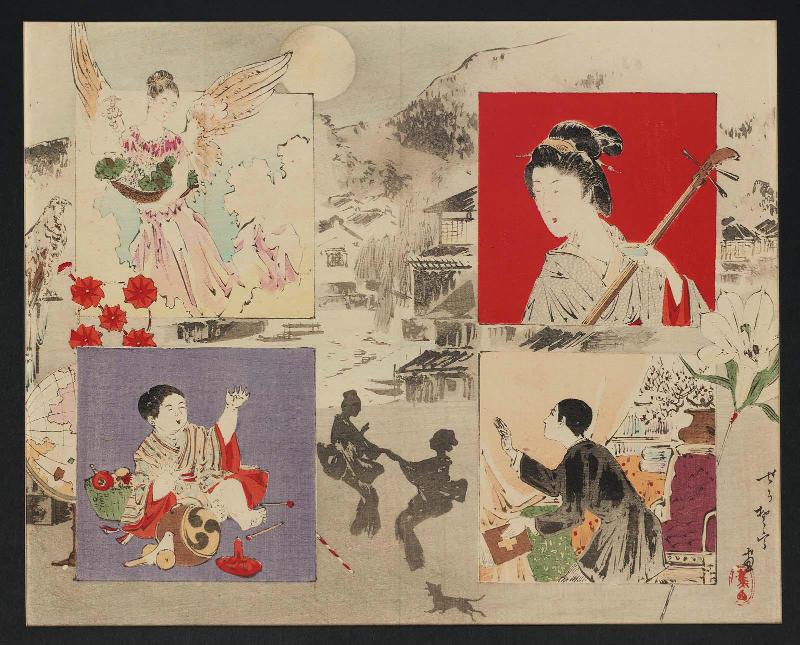 Angel and Priest, Shamisen Player and Child with Toys, frontispiece illustration for the novel The Lute (Yotsunoo)