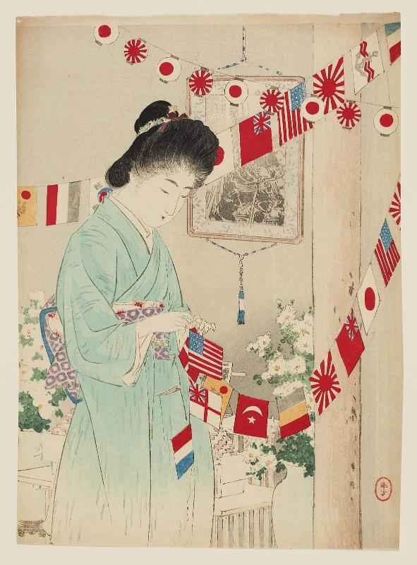 Flags of Many Nations (Bankoku ki), frontispiece illustration from the literary magazine Bungei kurabu, vol. 10, no. 14
