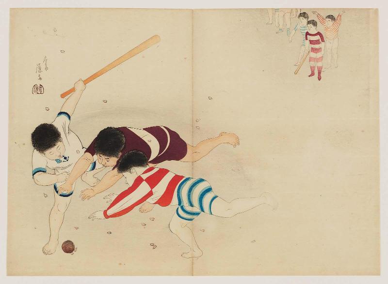 Baseball on the Beach; frontispiece illustration for Indoor and Outdoor Games (Naigai yûgi hô), vol. 30 of the series The Everyday Encyclopedia (Nichiyô hyakka zensho)