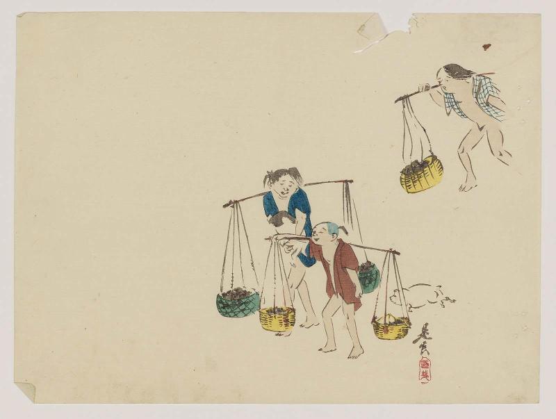 Children Carrying Baskets on Poles