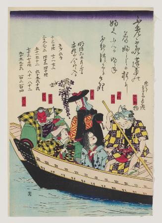 On September 30, 1873, People Born in Wood Signs Enter a Lucky Cycle (Meiji roku kugatsu sanjûnichi mokusei no hito uke ni iru); Lucky Things That Start with Fu: Fukusuke, Fukujo, the Wisteria Girl (Fujimusume), a Letter Carrier (Fujitsukai), and Fukashichi, in a Boat (Fune), with Mount Fuji