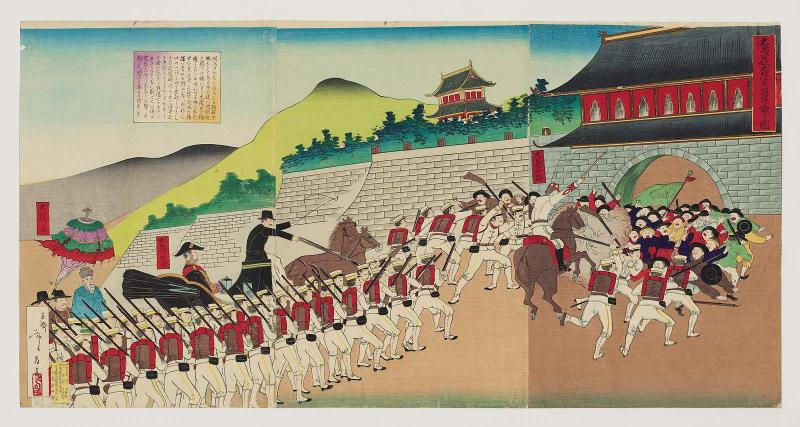 Minister Ôtori Escorts Daewongun into the Palace (Ôtori kôshi Daiinkun o yôgo shite nyûjô suru zu)
