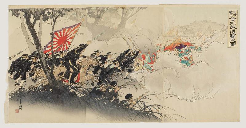 Sino-Japanese War: Pursuing the Retreating Enemy at Jinzhoucheng (Nisshin sensô Kinshûjô tsuigeki no zu)